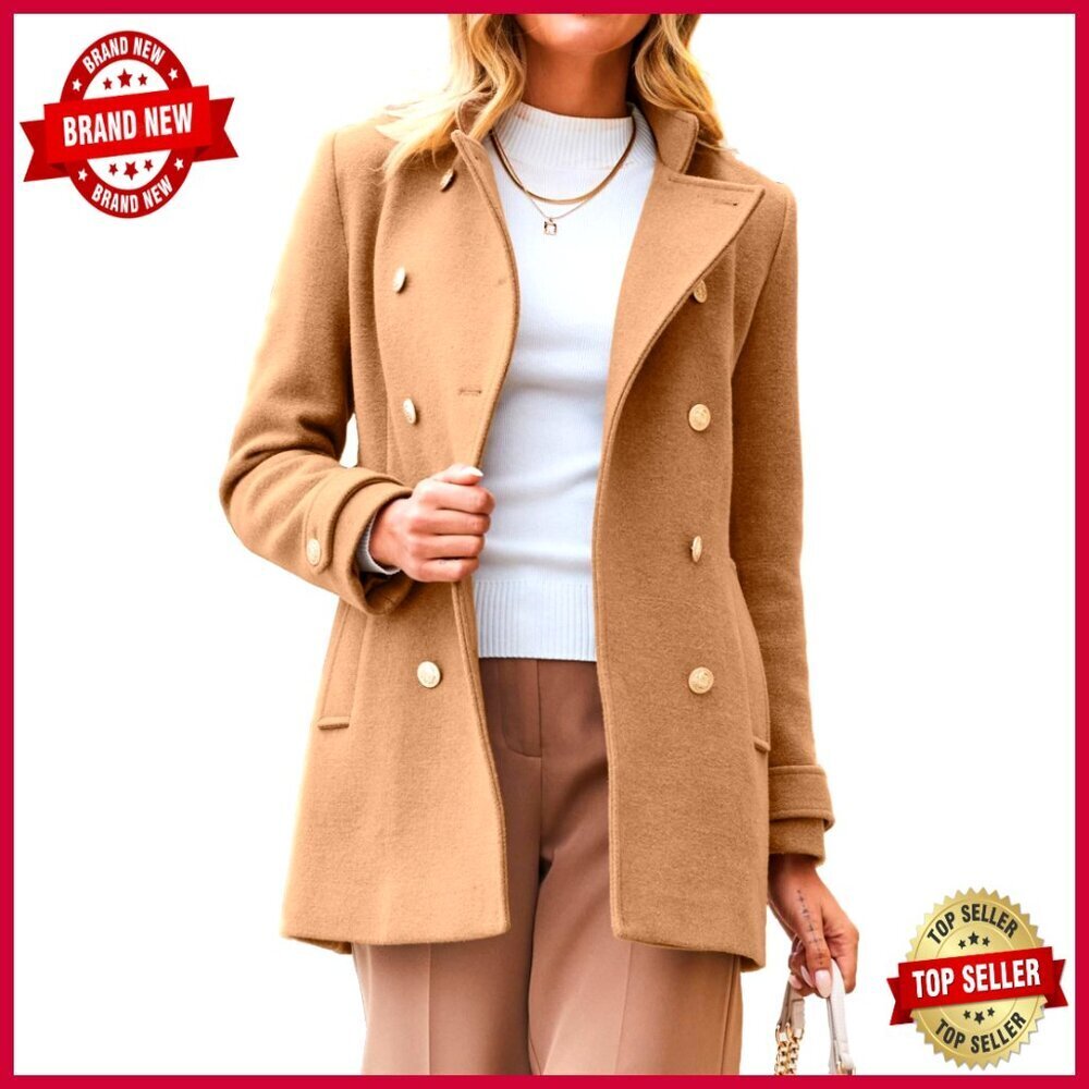 Wool Blend Pea Coat Double Breasted Long Sleeve Trench Coat